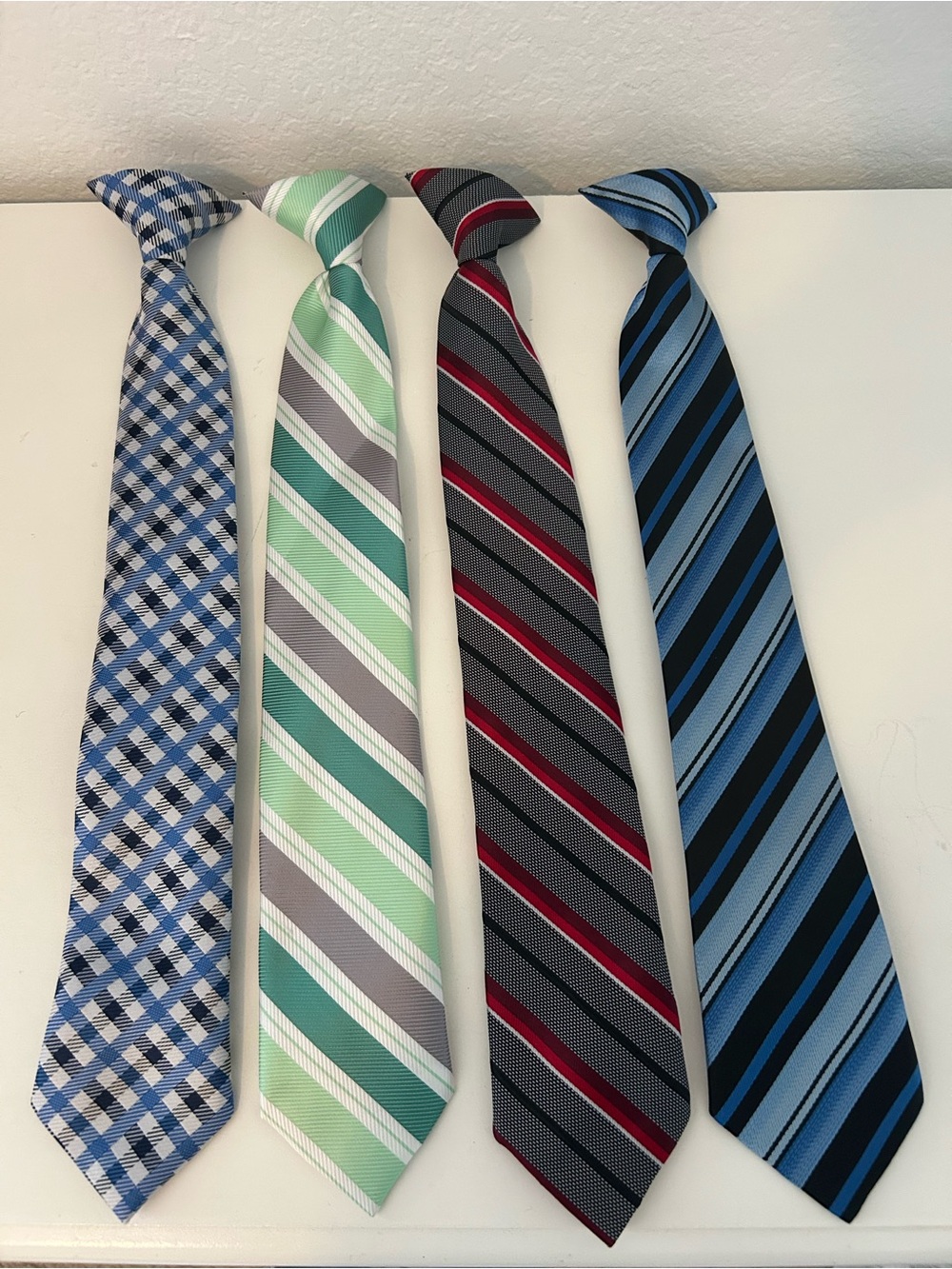 Boys Clip-on Ties Set Assorted Stripe and Check - Blue, Mint, Gray, Red - Formal